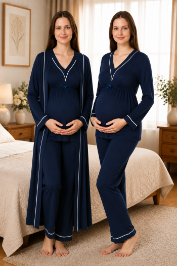 Effortt 4054 Lacivert Biye Detaylı Sabahlıklı Lohusa Pijama Takımı
